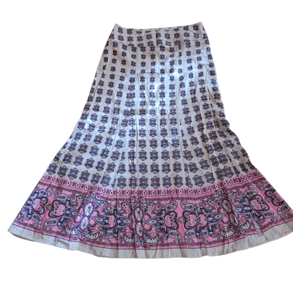Emma James Boho Floral Maxi Skirt - White w/Purple & Pink Border Linen Blend